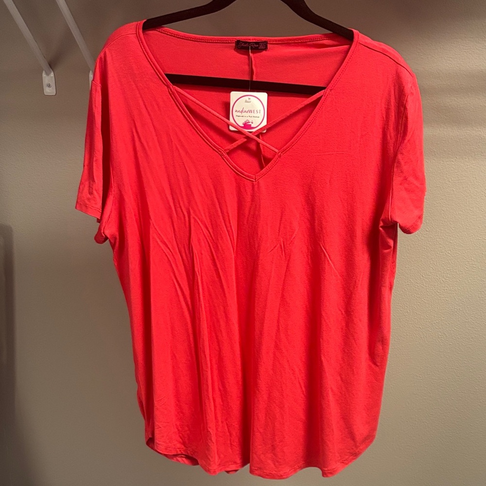 Vibrant Red V-Neck Short Sleeve Tee